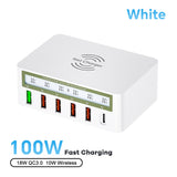 100W USB PD QC Charger Adapter Wireless Charger 6 Ports Fast Charging Station for IPhone 14 13 12 Pro Max IPad, Samsung Huawei