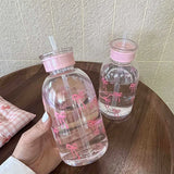 Kawaii Water Bottle Aesthetic Tumbler For Ice Coffee Juice Tea Cute Bowknot Plastic Cups With Straw Lid Portable Drinking Bottle