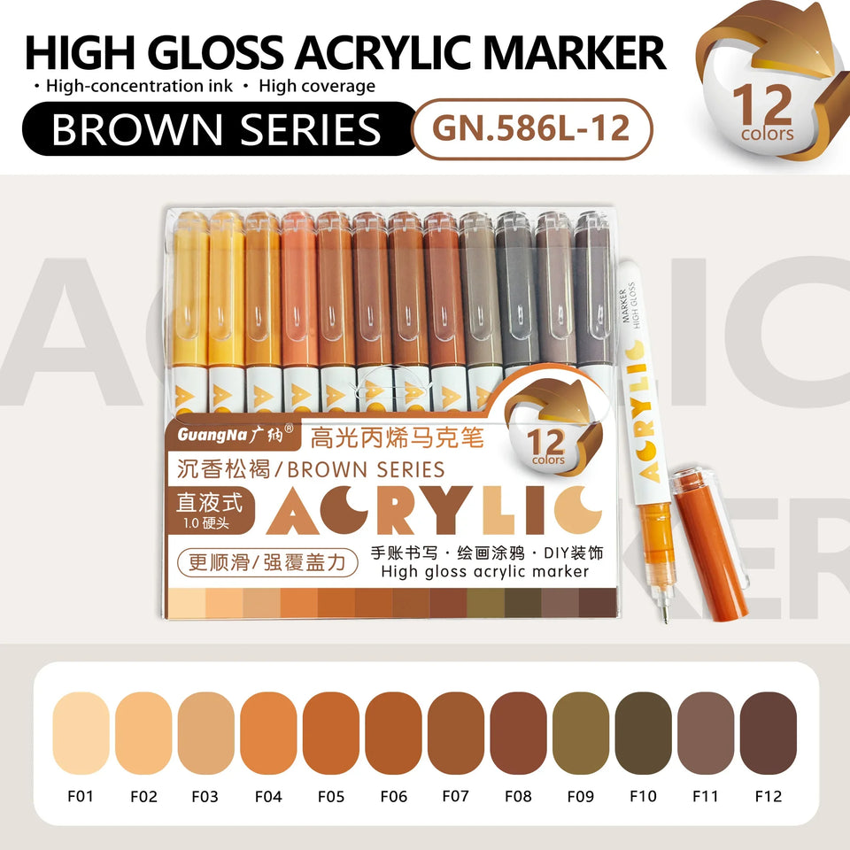 GuangNa 12 Colors/box Direct Liquid Hardhead High-gloss Acrylic Marker, for Student Notebook Writing, DIY Painting Graffiti