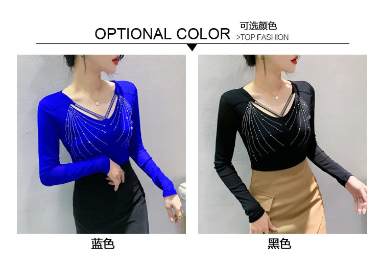 Autumn New Women Mesh Tops Fashion Hollow Out V-Neck Long-Sleeved T-Shirt Classic Shiny Diamonds Bottoming Shirt Elasticity Tees