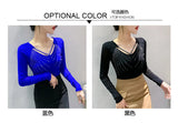 Autumn New Women Mesh Tops Fashion Hollow Out V-Neck Long-Sleeved T-Shirt Classic Shiny Diamonds Bottoming Shirt Elasticity Tees