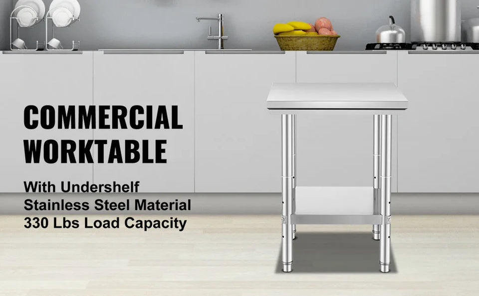 SucceBuy Stainless Steel Kitchen Work Bench Commercial Catering Table Worktable w/Undershelf 330LBS 286LBS for Restaurant Garage