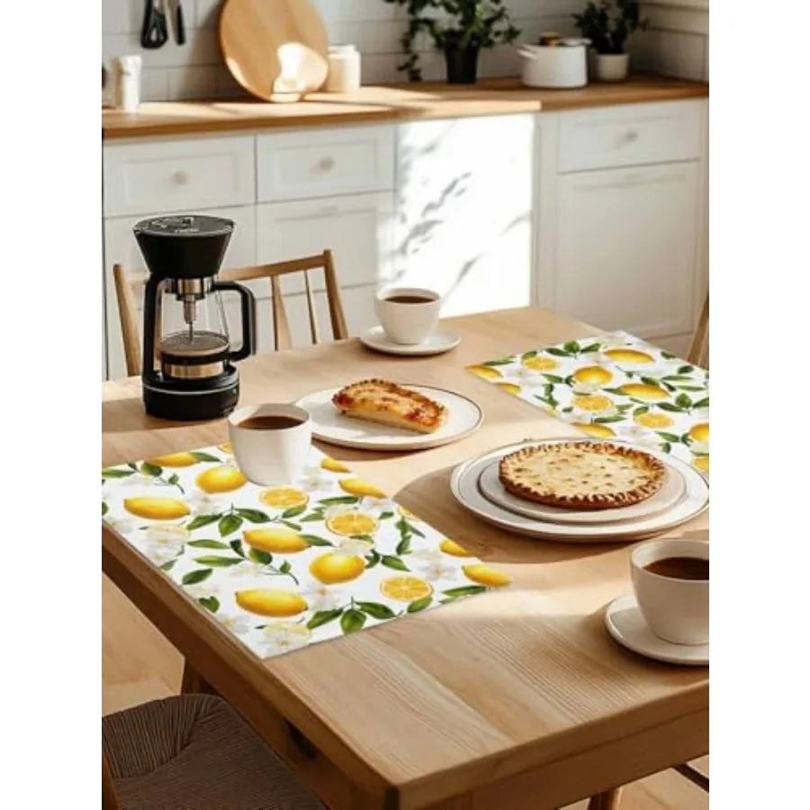 Table Placemats Set of 4 Country Watercolor Lemon Leaf Wipeable Place Mats for Dining Tables Summer White Wildflower Washable T
