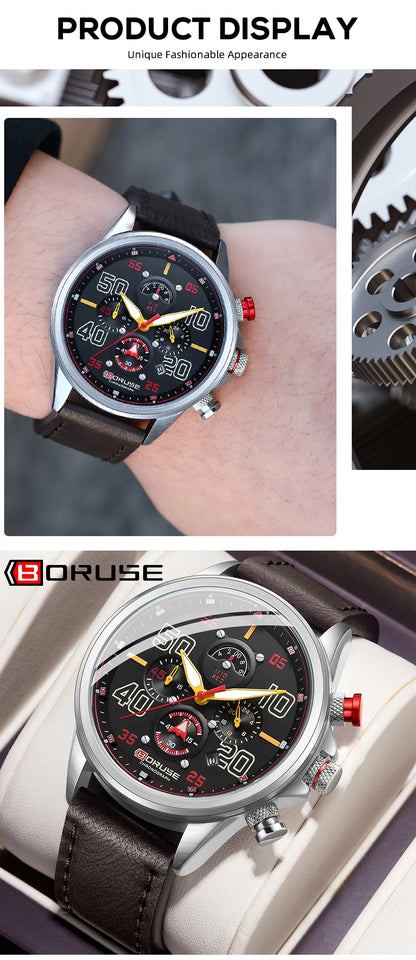 BORUSE Fashion Mens Sports Watches Luxury Men Business Wrist Watch Leather Quartz Watch Waterproof Luminous Male Clock With Box