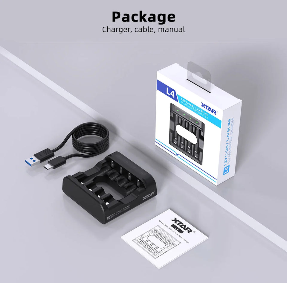 XTAR L4 AAA AA Battery Charger 4 Slots Intelligent LED Indicator USB Charger Charging 1.5V Li-ion / 1.2V lithium NiMH Batteries