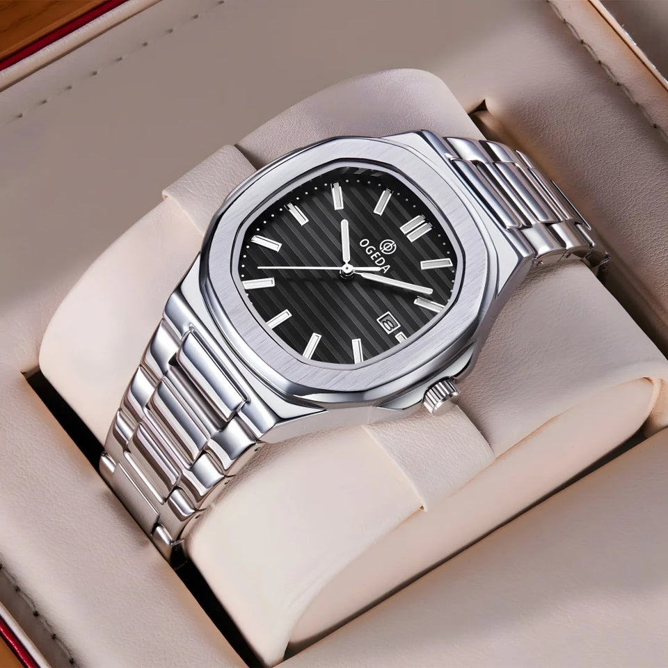 OGEDA 2024 new 40MM square men's quartz watch glass stainless steel waterproof 3Bar luminous C3 reloj hombre watches for men