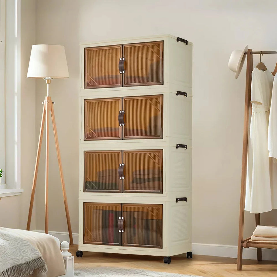 3/4/5-Tier Foldable Storage Cabinet with Lids & Wheels, Stackable Plastic Organizer for Closet, Bedroom, Office & Kitchen