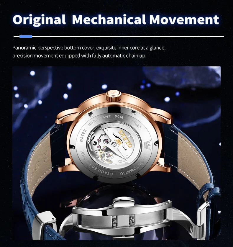 OLEVS 9923 Moon Phase Automatic Mechanical Watches for Man Fashion Leather Strap Waterproof Starry Sky Blue Luxury Men's Watches