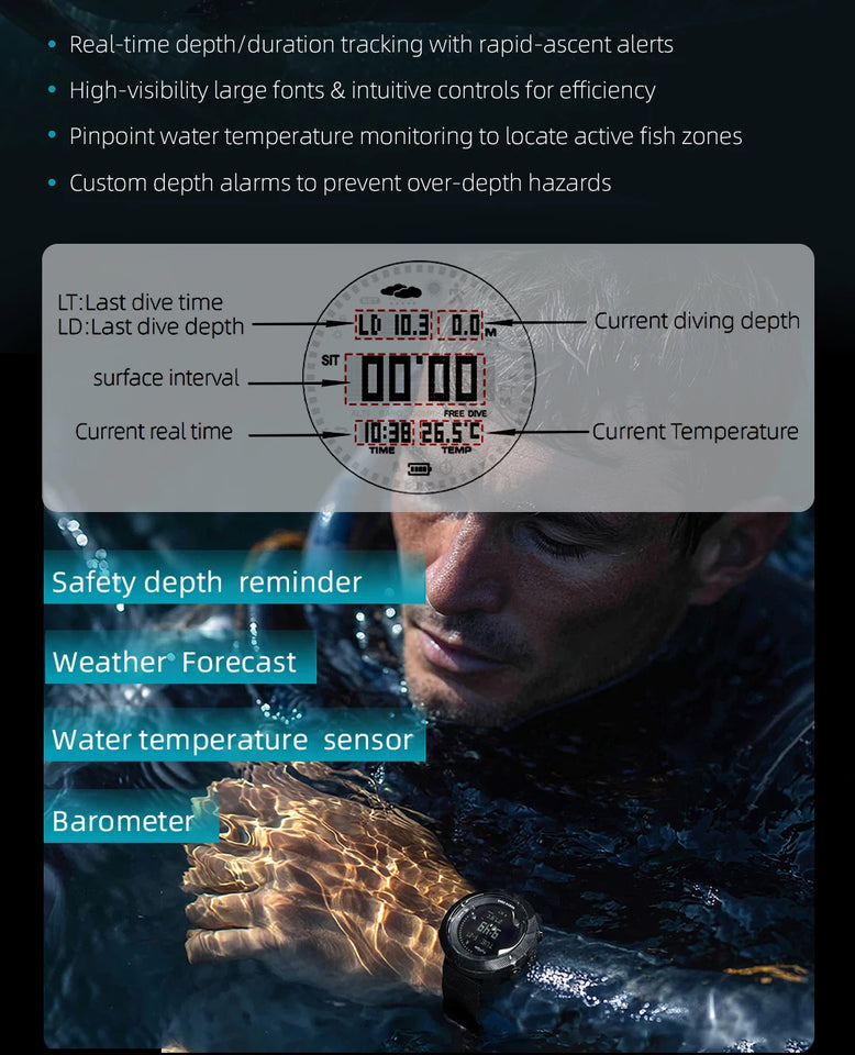 NORTH EDG APACHE-D Men's Digital Free Dive Watch Outdoor Sport Watches Altitude Barometer Compass World Time Waterproof 100M