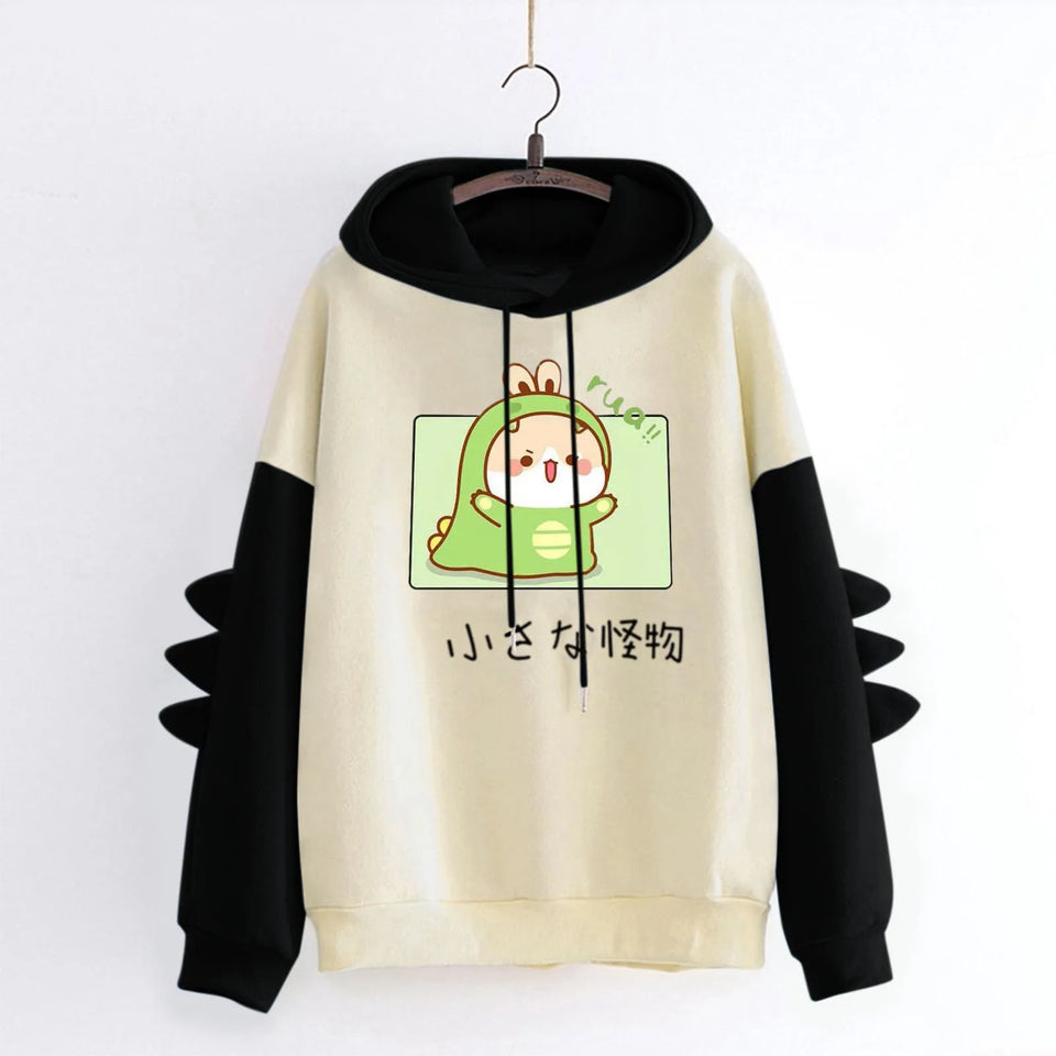 Winter Cute Dinosaur Cartoon Hoodie Women Fashion Sweatshirt Casual Print Long Sleeve Korean Style Splice Tops Kawaii Clothes