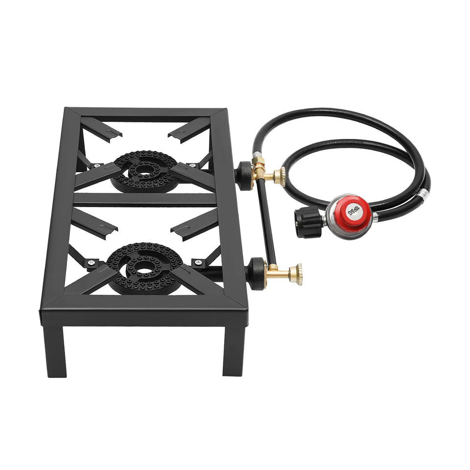 Portable Double Burner Outdoor Gas Stove Propane Cooker with Adjustable 0-10Psi Regulator Hose for Patio Camping, BBQ, Home
