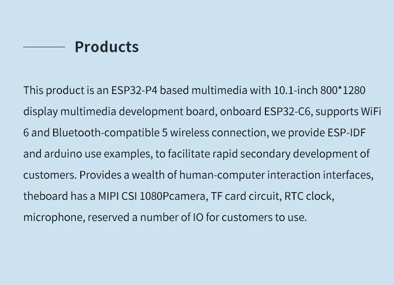 ESP32-P4 10.1 Inch Capacitive Touch Display Development Board 1280*800 IPS Screen Support Xiaozhi AI ESP32 C6 WiFi6 BT BLE 5