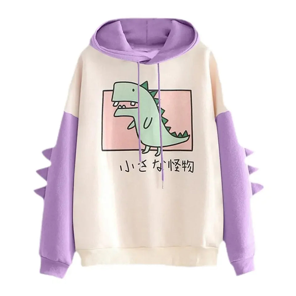 Winter Cute Dinosaur Cartoon Hoodie Women Fashion Sweatshirt Casual Print Long Sleeve Korean Style Splice Tops Kawaii Clothes