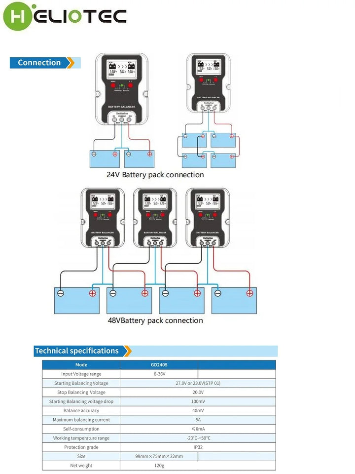 HELIOTEC 24V LED Display Battery Equalizer 2 x 12V Flood AGM Lead Acid Battery Bank Voltage Active Balancer Discharge Regulator
