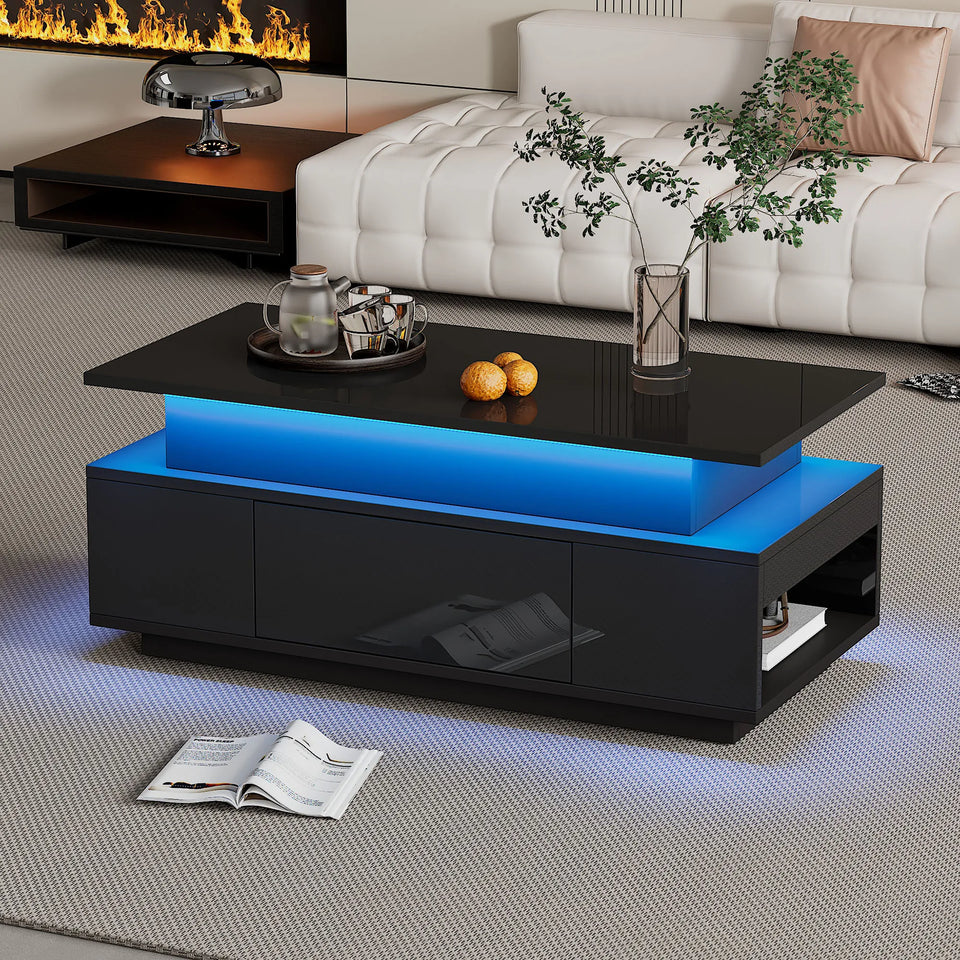 KOMHTOM Black height adjustable coffee table high gloss coffee table with hidden storage, drawer and LED lighting