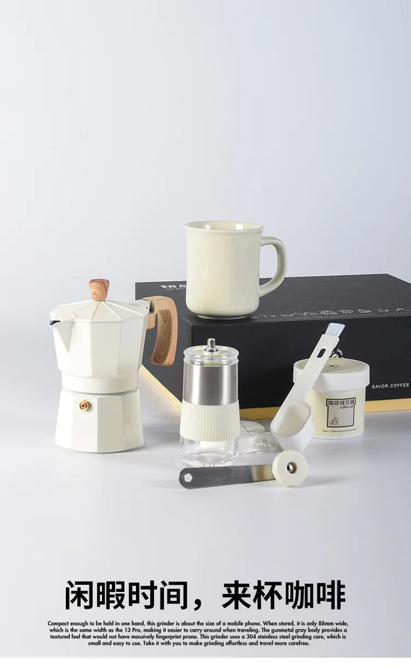 Hand Grinder Coffee Maker Set,Hand Grinder Set Gift Box,Moka Pot 6 Piece Set,with Cup,bean Bin,filter Paper and Bean Brush Spoon