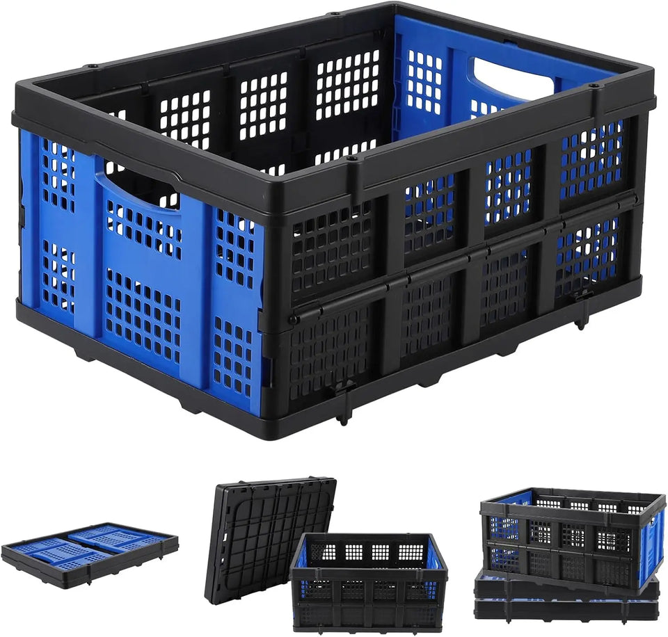 55L Heavy-Duty Collapsible Plastic Crate Foldable Storage Basket with Side Handles, Stackable Design for Food Drinks Books Tools