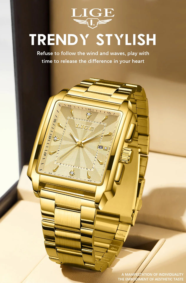 LIGE Fashion Business Watch Men Square Sport Waterproof Watches For Men Top Brand Luxury Military Quartz Chronograph Wristwatch