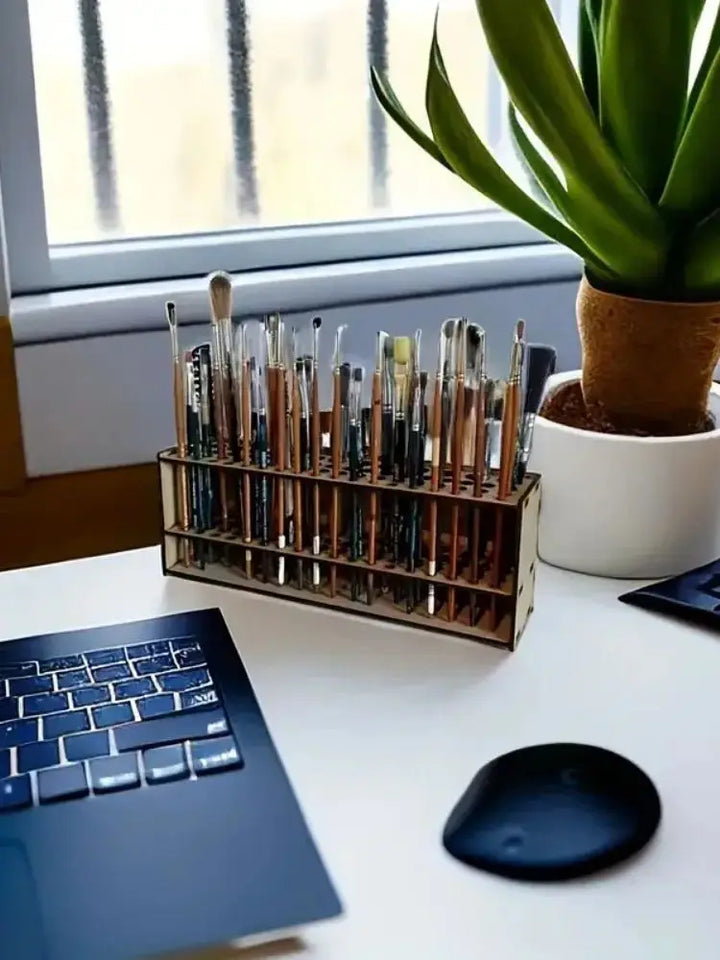 67-Slot Premium Wooden Brush Holder - Durable Artist Desk Organizer, Pencil & Paint Brushes Storage, Elegant Art & Craft Supplies