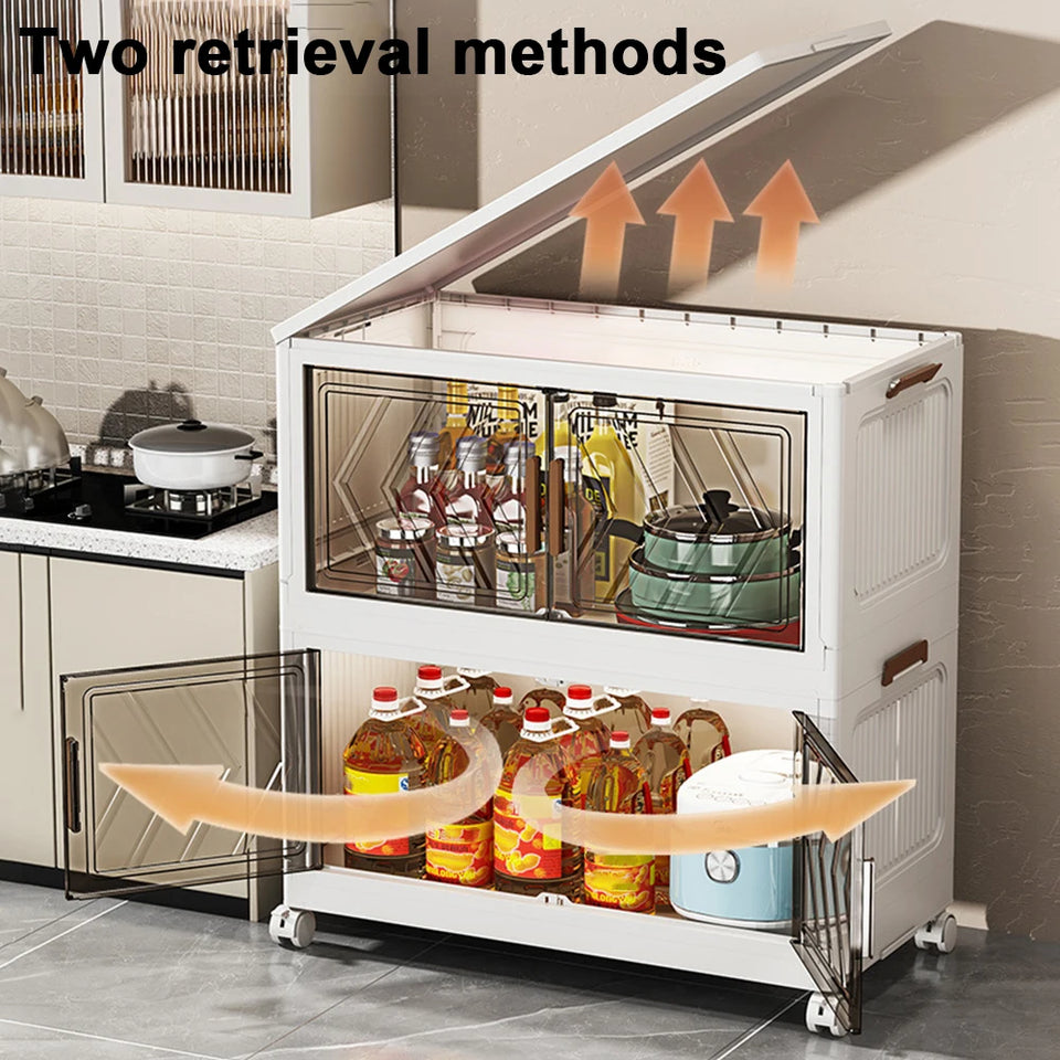 4 Tier Folding Storage Boxes with Doors & Wheels Plastic Storage Containers Foldable Organization for Living Room Bedroom Office