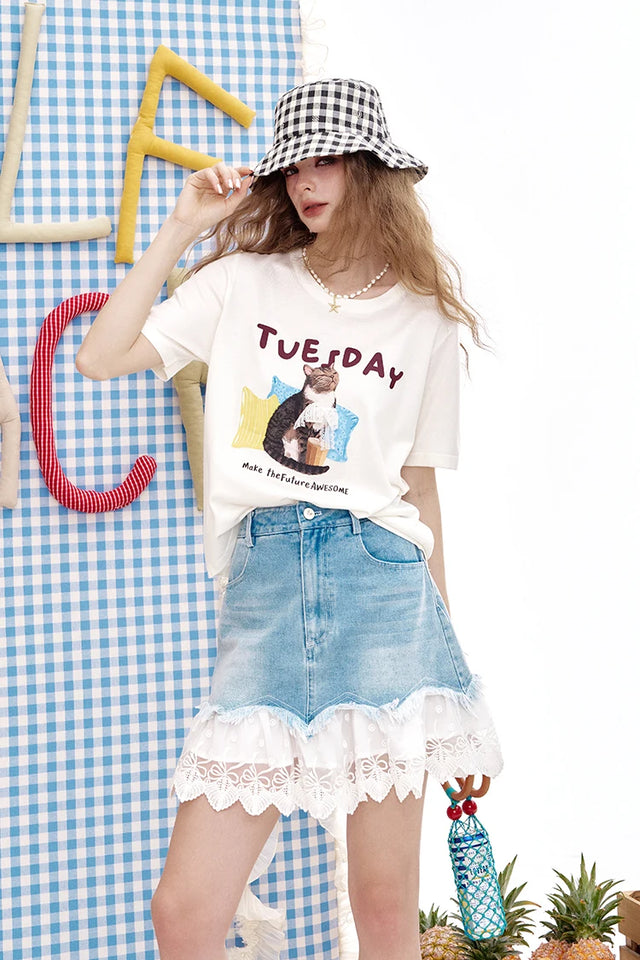 ELFSACK 2025 Summer New Arrivals Lace And Lace Patchwork A-Line Denim Skirt For Women