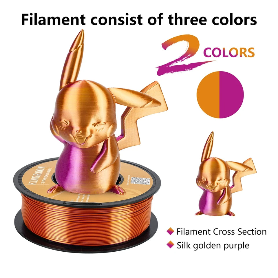 KINGROON Dual-color Silk PLA Filament 1.75mm 2 Color Coextrusion Glossy 3D Printer Filament PLA, 3kg/pack 1kg each spool