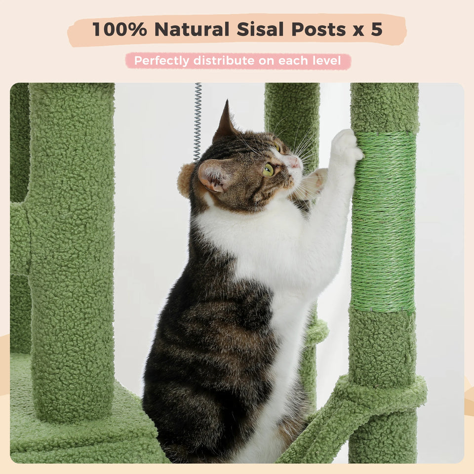 Cactus Cat Tree Floor to Ceiling Cat Tower 7 Tiers Cat Climbing Tree with Cozy Hammocks and Condos 5 Platforms Scratching Posts