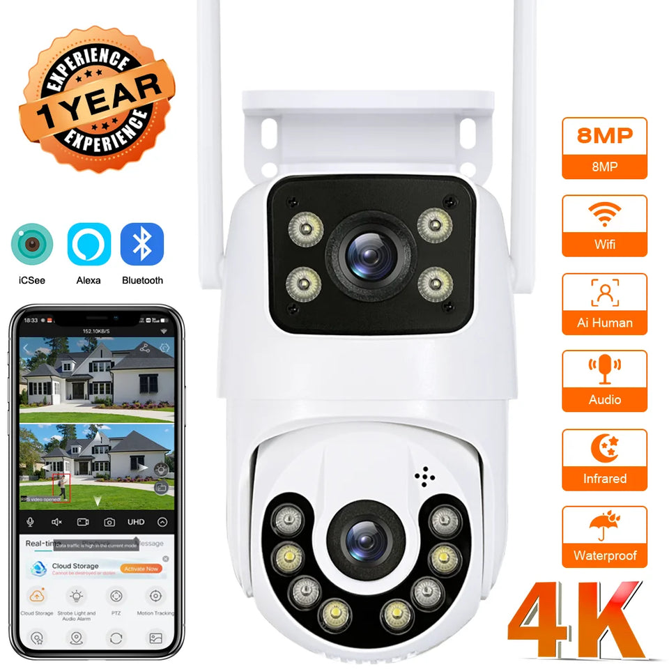 Outdoor Wireless Security IP Camera 4K 8MP HD Dual Lens External Wifi PTZ Camera Auto Tracking Street Surveillance Camera iCsee