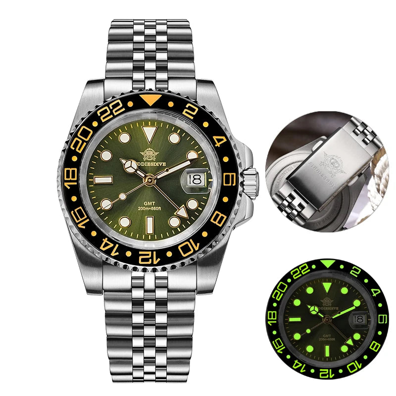 ADDIESDIVE Fashion GMT Watch for Men Super Luminous AD2050 Wristwatches Luxury Luminous 20Bar Diving Stainless Steel Man Watches