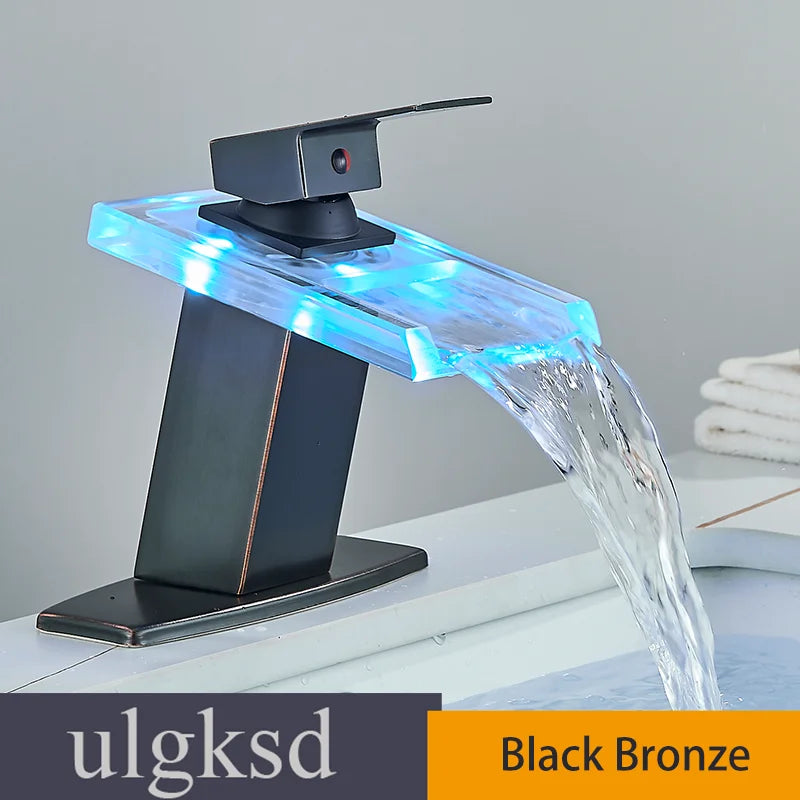 Black LED Bathroom Basin Faucet Temperature Induction Change Color Hot Cold Water Mixer Taps with Battery Box Deck Installation
