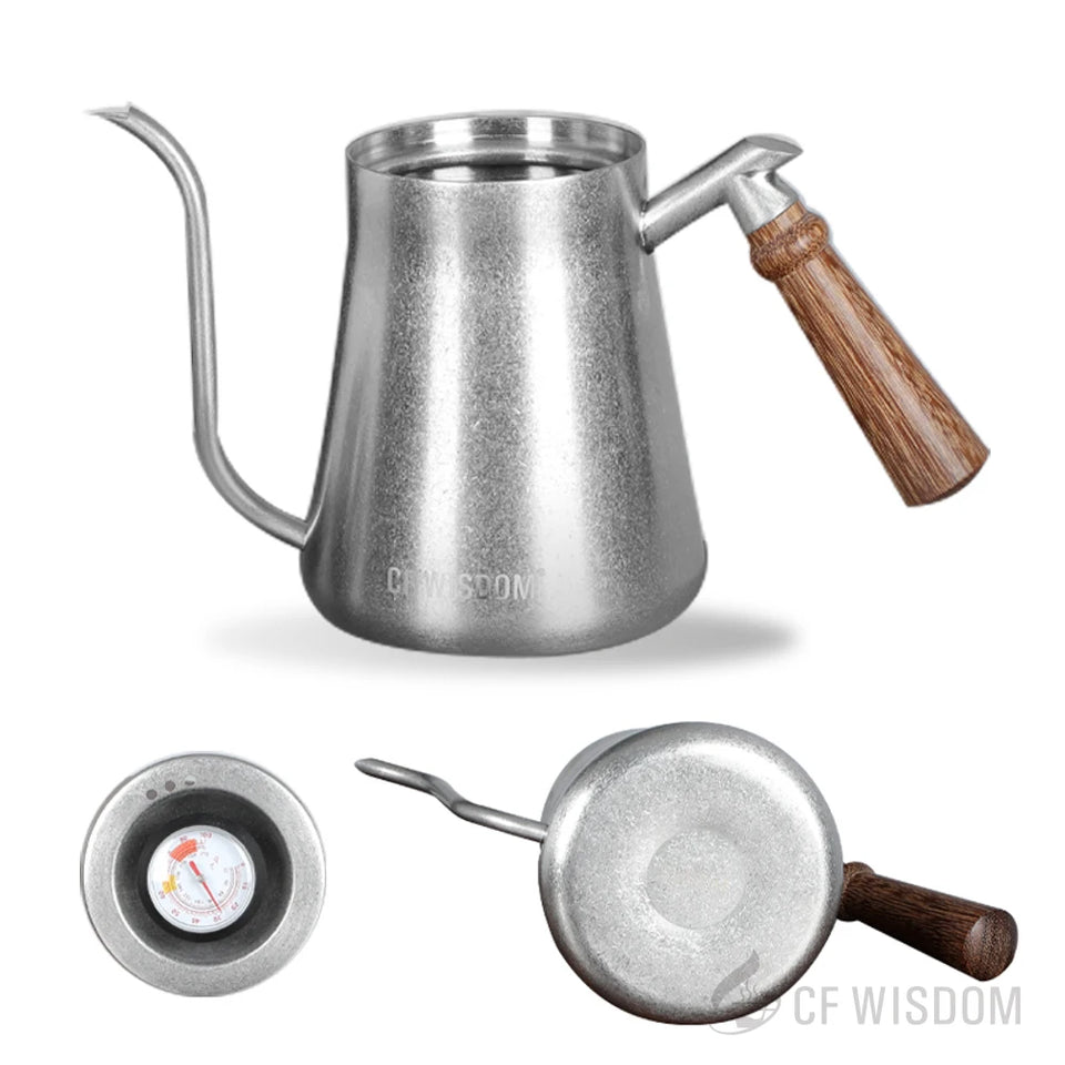 CF WISDOM Vintage Classic Silver Stainless Steel 600ML Coffee Hand Brewing Pot Temperature Display Water Bottle Coffee Utensils