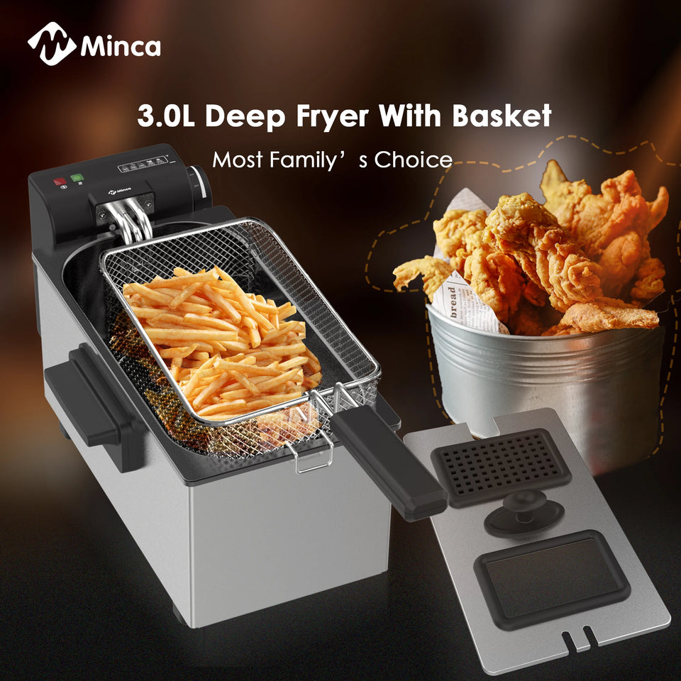M Minca 3L Electric Deep Fryer with Hooked Fry Basket - 1500W Stainless Steel & Enamel Inner Pot, Adjustable Temperature Control