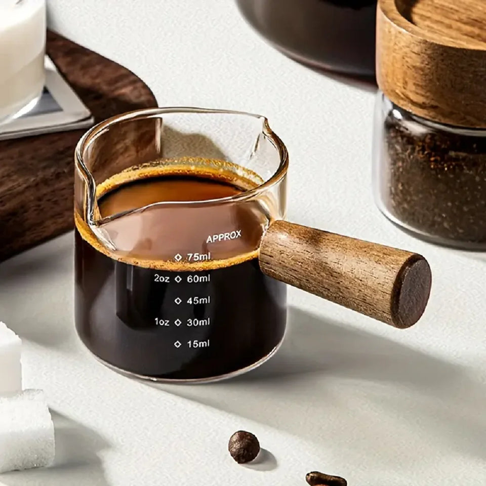Small Measuring Cup With Scales, Wooden Handle Cup for Expresso Coffee, Milk & Sauce, Kitcken Utensil for Home & Cafe