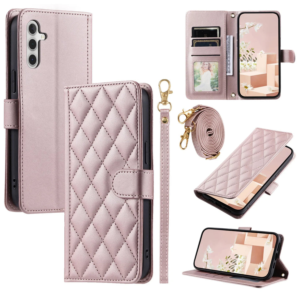 Crossbody Checkered Leather Wallet Case For Samsung Galaxy S24 Ultra S23 Plus S22 S21 FE A55 A25 A35 A15 Lanyard Flip Bag Cover
