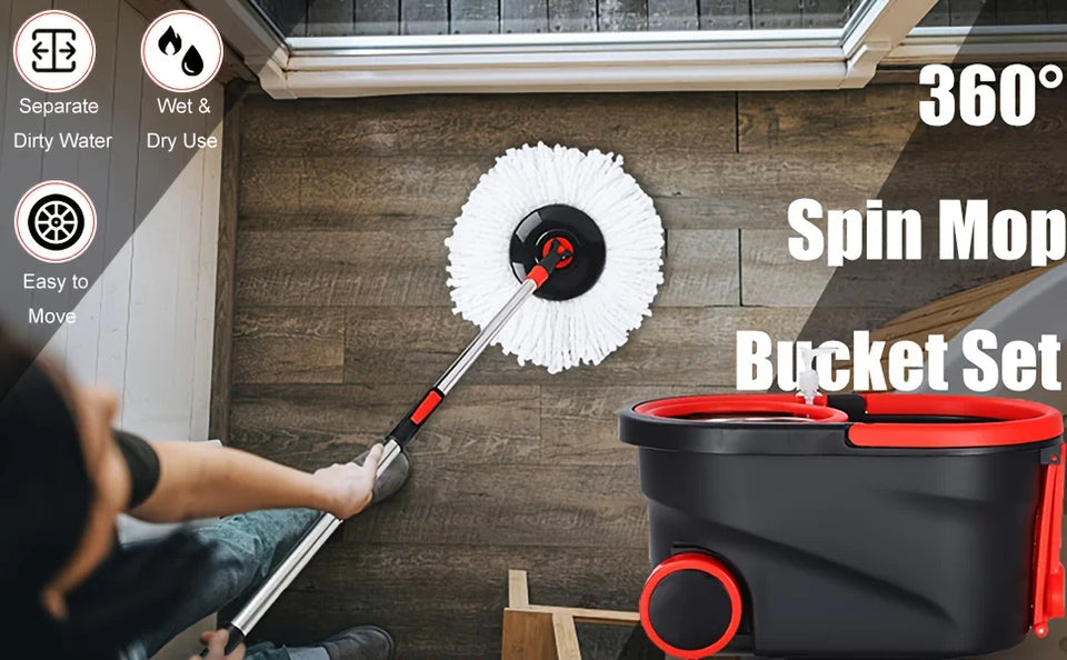 Spin Mop and Bucket Set with Wringer 360° Spinning, 4 Microfiber Mop Heads 61" Adjustable Handle Stainless Steel Floor Cleaner