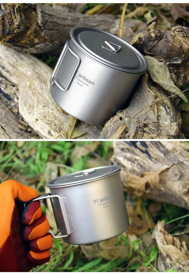 Tiartisan 350ml 750ml Tatinium Cup Hiking Tableware Fodable Handle Coffee Cups with lids Lightweight Frosted Cup Mugs