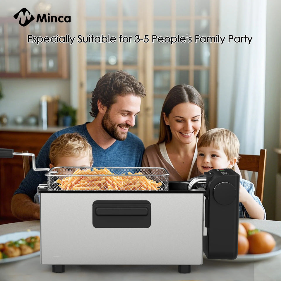 M Minca 3L Electric Deep Fryer with Hooked Fry Basket - 1500W Stainless Steel & Enamel Inner Pot, Adjustable Temperature Control