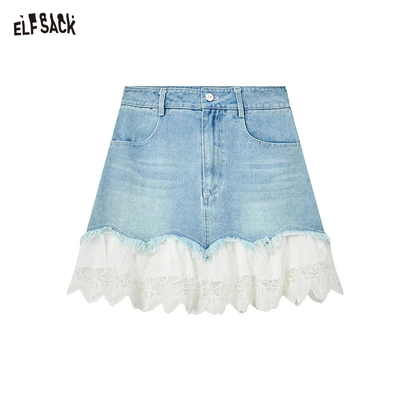ELFSACK 2025 Summer New Arrivals Lace And Lace Patchwork A-Line Denim Skirt For Women