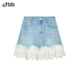 ELFSACK 2025 Summer New Arrivals Lace And Lace Patchwork A-Line Denim Skirt For Women