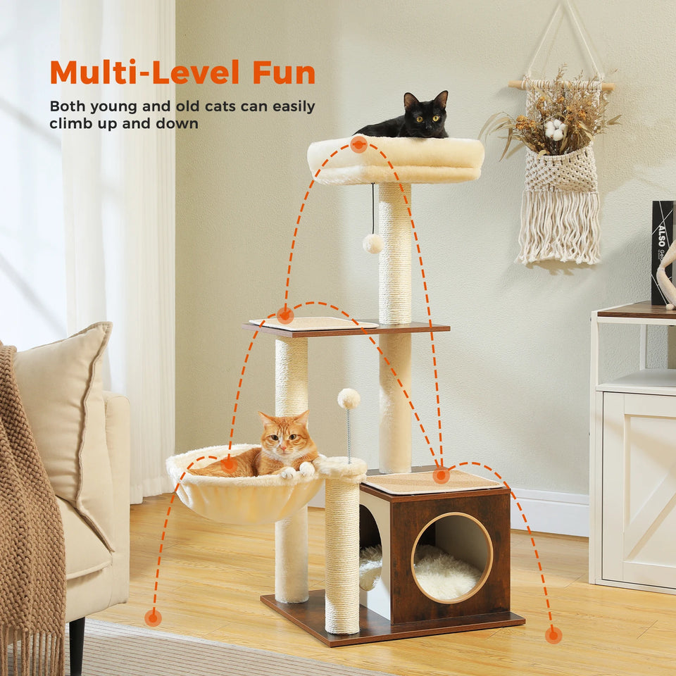 Modern Cat Tree for Indoor Cats Multi-Level Wood Cat Tower with Cozy Condo Hammock Sisal Scratching Posts Kitten House Cat Toys