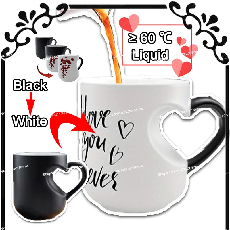 Heat Sensitive Color Changing Heart Handle Mug Strange Rare Mate Couple Valentine's Day Wedding Coffee Mug Cup Festival Gifts