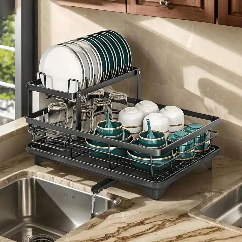 2026 Upgraded New Model - 1.5-Layer Carbon Steel Dish Rack, with Drain Tray, Commercial-Grade Tableware Storage Rack – Large Capacity, Rust-Proof, Includes Cutlery Rack and Cutting Board Rack, Suitable for Families of 4-6 P