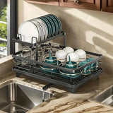 2026 Upgraded New Model - 1.5-Layer Carbon Steel Dish Rack, with Drain Tray, Commercial-Grade Tableware Storage Rack – Large Capacity, Rust-Proof, Includes Cutlery Rack and Cutting Board Rack, Suitable for Families of 4-6 P