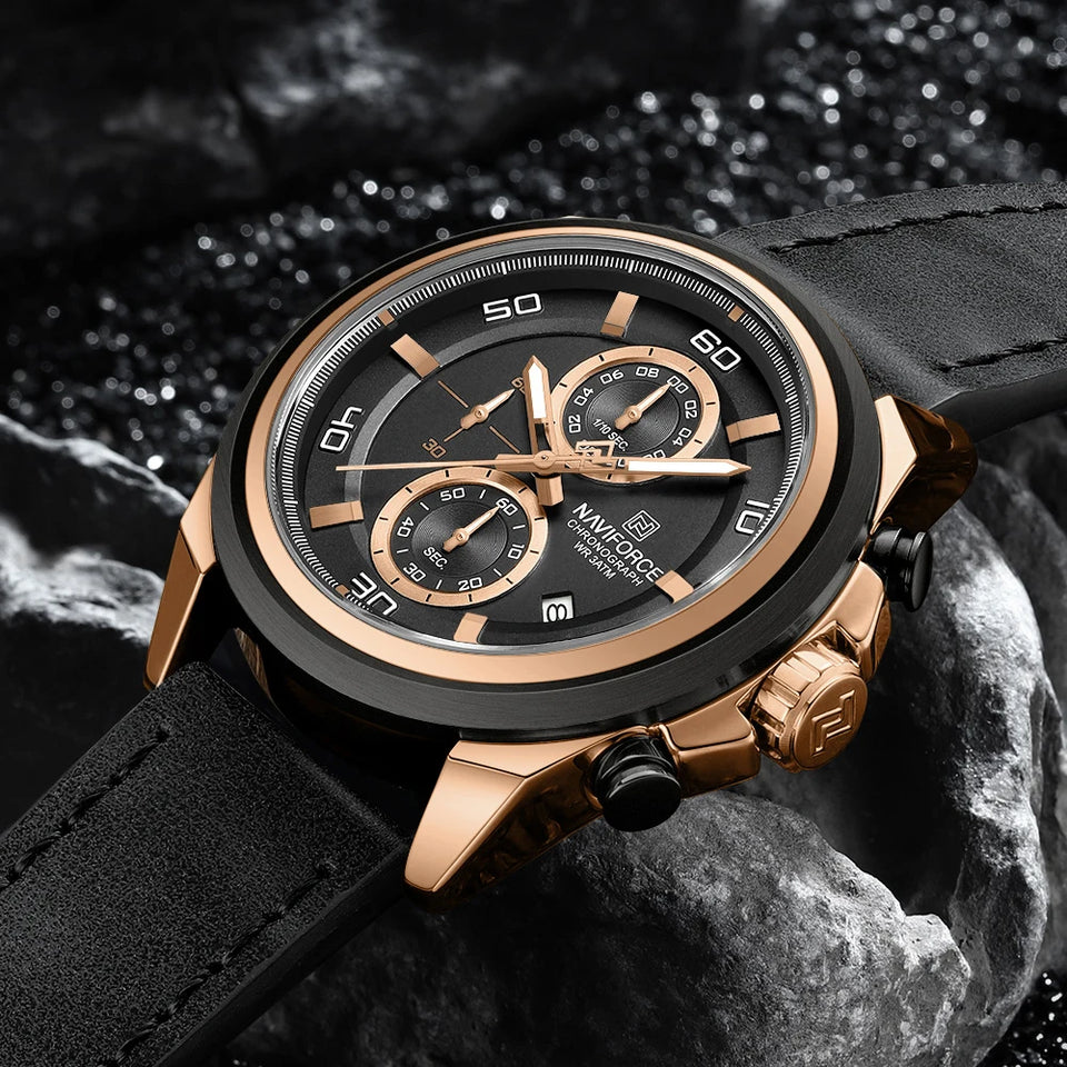 NAVIFORCE Waterproof Watches for Men Original Brand Luxury Leather Men's Quartz Wristwatch Fashion Military Chronograph Male