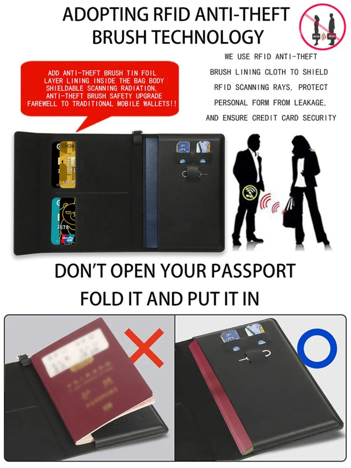 New Solid Color Passport Holder RFID Blocking Ticket Slot Clip Protective Cover Protector Leather Travel Card Bag