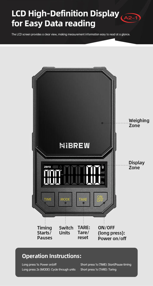 HiBREW 3000g/0.1g Digital Coffee Bean Electronic Scale with Auto Timer LED Screen High Precision Pour Over Coffee Easy to Carry