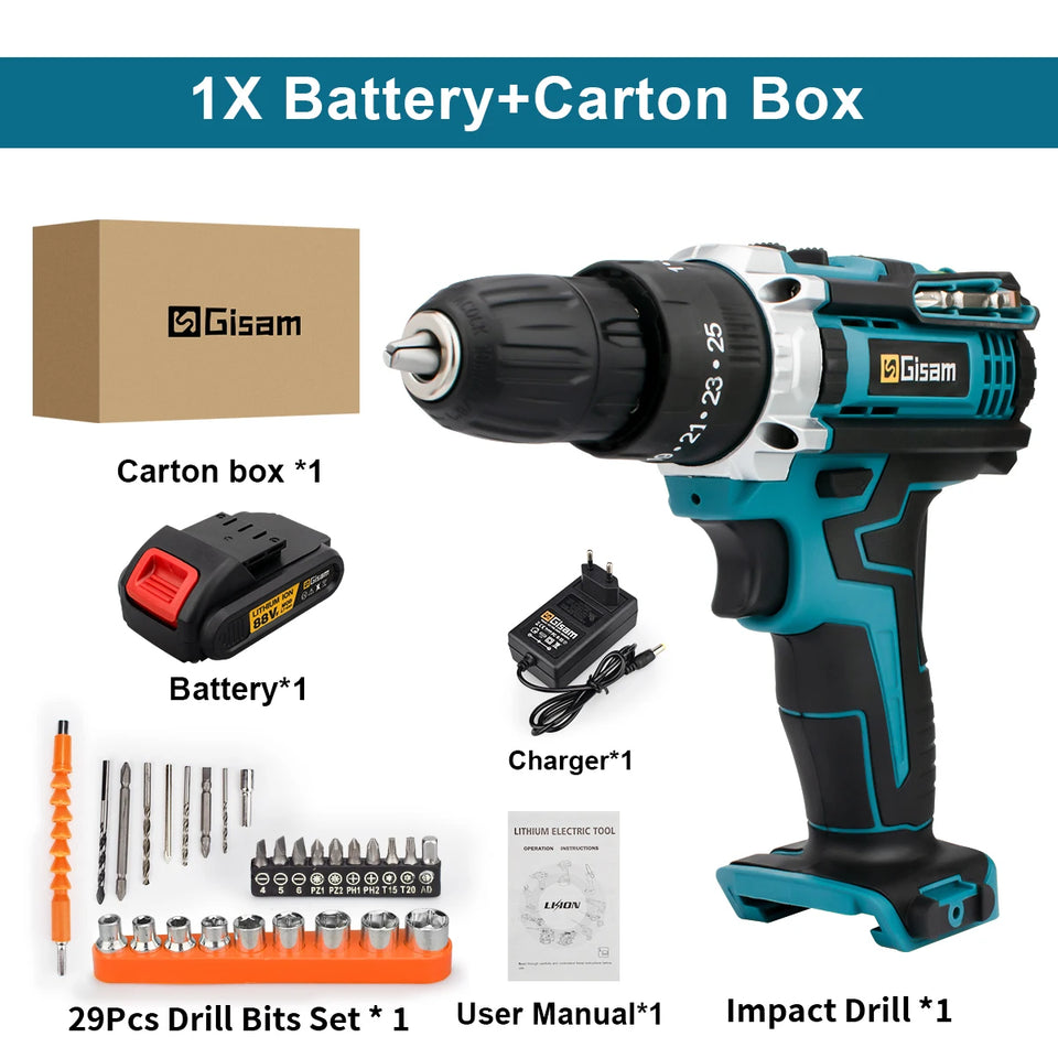 Gisam Cordless Drill Rechargeable Electric Screwdriver Electric Drill Mini Wireless Hand Drill Lithium-Ion Battery Power Tools