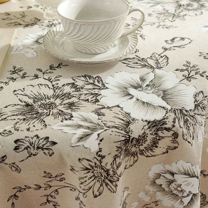 Cotton Linen Nodic Pastoral Black Peonies Black Tassel 150cm Round Tablecloth for Coffee Tables Table Cover Round Table Cloth
