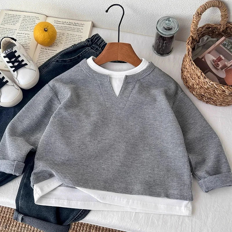 Boys' Casual Loose Cotton Long Sleeve Sweatshirt Grid Pullover Shirt 6-14 Years Spring Autumn Fashion Fake 2 Piece Top for Kids