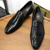 PJCMG Fashion Comfortable Black/Coffee Genuine Knitted Leather Slip-On Pointed Toe Flat Man Casual Classic Formal Dress Shoes